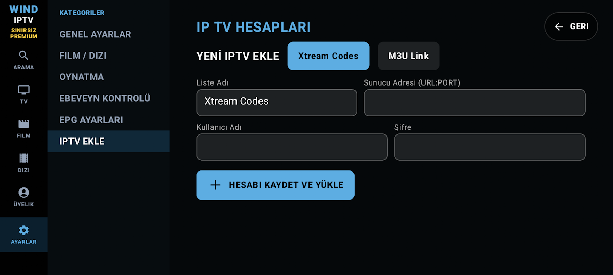 Wind IPTV Player gerçek uygulama ekranı